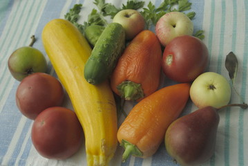 vegetables and fruits, zucchini, cucumber, tomato, peppers, apples, pear