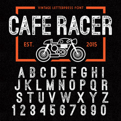 Hand Made Letterpressed Font in retro style. Vintage textured grunge alphabet with scratches. Vector illustration with cafe racer bike