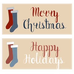 Merry Christmas and Happy Holidays greeting card. Vector lettering. Christmas invitation.