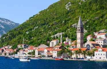 Naklejka na ściany i meble View from the sea on Perast, Kotor Bay, Montenegro