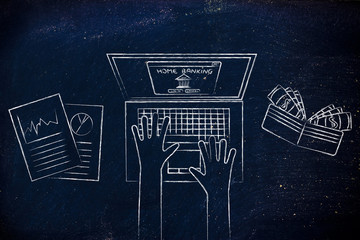 home banking user at his laptop with wallet open and stats