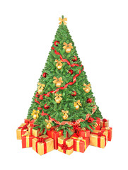 Christmas tree with balls, bows, gift boxes isolated on white