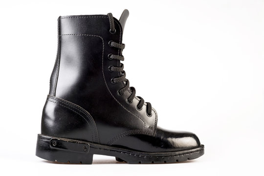 Black Leather Army Boots on white background