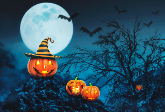 Helloween pumpkins in the forest