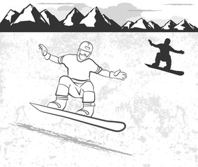 a man riding a snowboard. in the background the high mountains and clouds. Vector illustration .