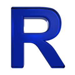 One letter from blue glass alphabet set, isolated on white. Computer generated 3D photo rendering.