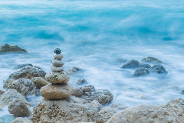 Sea dramatic landscape, harmony environment and zen stones tower