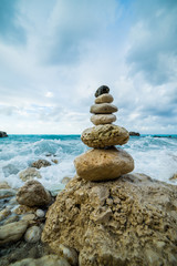 Sea dramatic landscape, harmony environment and zen stones tower