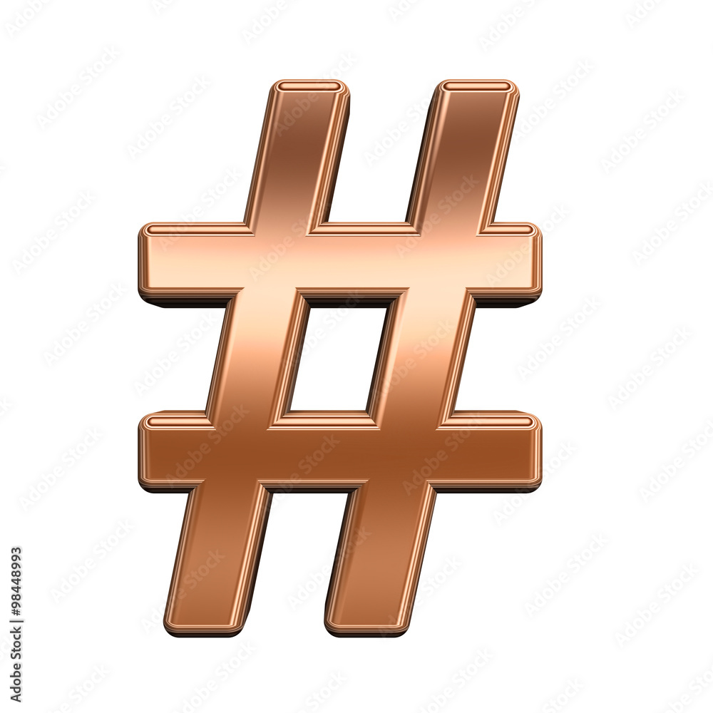 Fototapete number mark from shiny copper alphabet set, isolated on white. computer generated 3d photo rendering