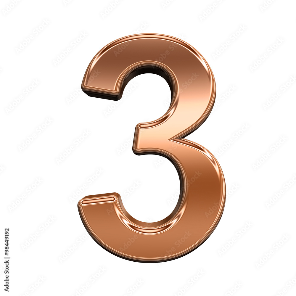 Fototapete one digit from shiny copper alphabet set, isolated on white. computer generated 3d photo rendering.