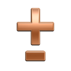 Obraz premium Hyphen, minus, plus marks from shiny copper alphabet set, isolated on white. Computer generated 3D photo rendering.