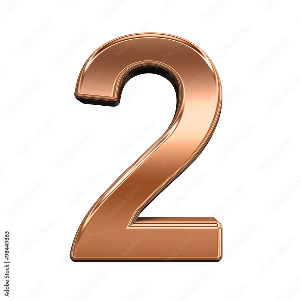 Fototapete one digit from shiny copper alphabet set, isolated on white. computer generated 3d photo rendering.