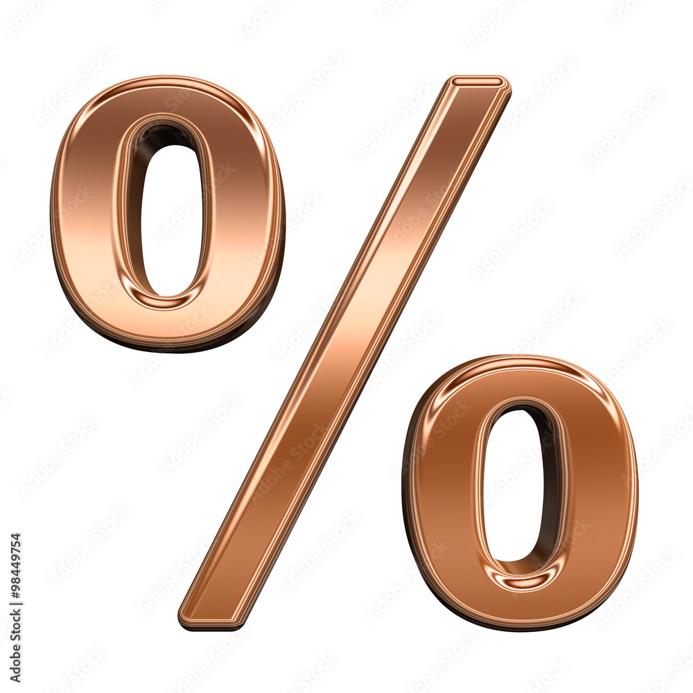 Fototapete percent sign from shiny copper alphabet set, isolated on white. computer generated 3d photo renderin