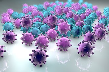 Background with viruses. Microscopic view of influenza virus, Coronavirus, herpes, HIV, adenovirus, model of virus which causes flu, common cold, SARS and MERS, Middle East Respiratory Syndrome