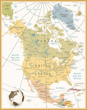 North America Detailed Map Retro Colors