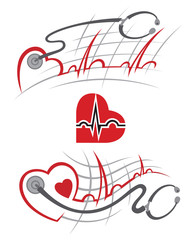 set of illustration with electrocardiogram and stethoscope