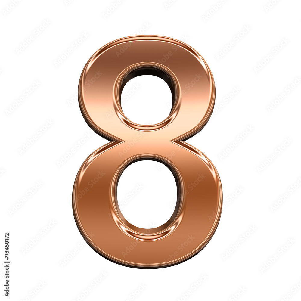 Fototapete one digit from shiny copper alphabet set, isolated on white. computer generated 3d photo rendering.