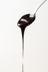 Dark chocolate sauce into spoon on white background