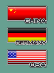 Flag Buttons with the name of country isolated on the green background. Vector flag button series - USA, Germany, China. Set of three buttons.