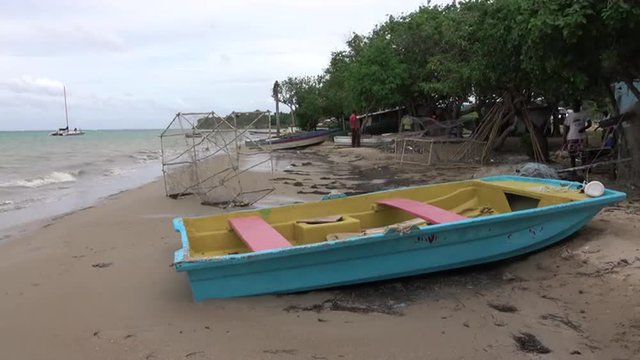 Jamaica Sandy Beach Coastal Village Fishing Boat Trap. Jamaica Sandy Beach Coastal Village Fishing Boats. Spanish Rule After Christopher Columbus In 1494. Independence From United Kingdom 1962.