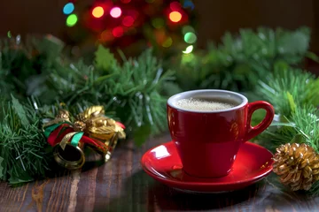 Rolgordijnen Cup of coffee with Christmas decorations. © pixs4u