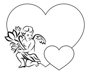 Elegant frame in shape of  heart with outline angel with flowers