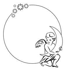 Round frame with little angel with moon in his hands