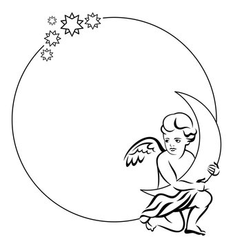 Round frame with little angel with moon in his hands