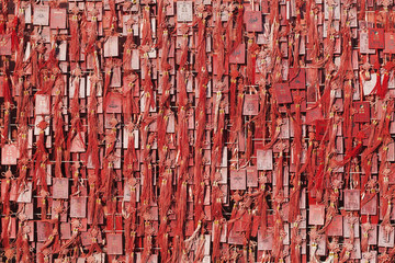 Wall covered with wish cards in a Buddhist temple, Beijing, China