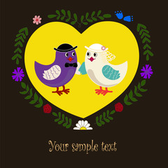 pair of birds - the bride and groom in a yellow heart wreath of flowers and leaves on a brown background