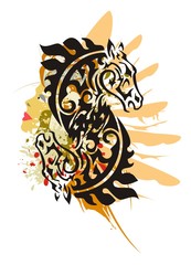 Grunge tribal horse symbol. Double black horse head symbol - splashes in a woman's face with the head and a wing of an eagle in tribal style 