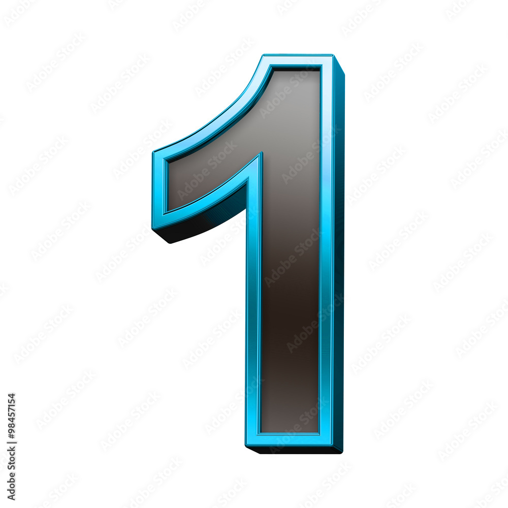 Fototapete one digit from black with blue shiny frame alphabet set, isolated on white. computer generated 3d ph
