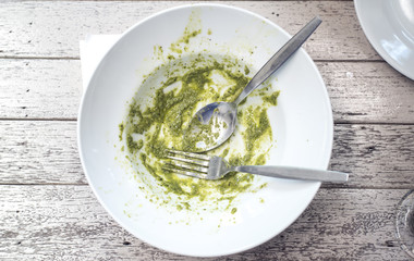 dirty and empty dishes with spoon and fork