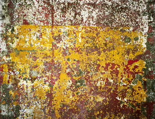 Rusty iron wall covered with paint, abstract texture background.