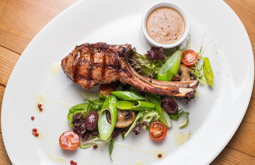 Entrecote steak meat with grilled vegetables.