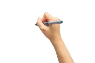 A female(woman) hands hold a red pencil isolated white, top view