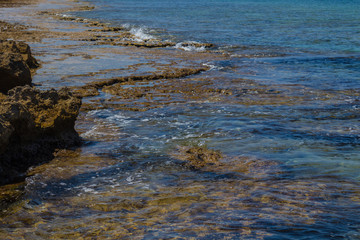 Transparent sea waves on a rocky beach.