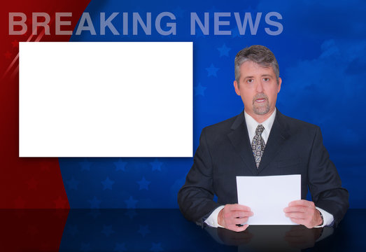 
A news anchor man is reporting breaking news with a colorful background and a blank monitor screen to easily place your text and image on.