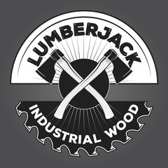 Vintage lumberjack label, emblem and design elements. Two axes with text. Forestry logo label for different projects, cards, invitations. Lumberjack monochrome illustration about timber and wood.