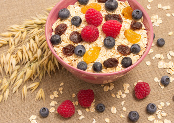 Healthy porridge with fruits on canvas