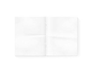 Open blank newspaper mock up isolated on white. White gazette mockup  presentation. Magazine template layout. Redactor text makeup. Daily opened in middle. Empty newsprint booklet design.