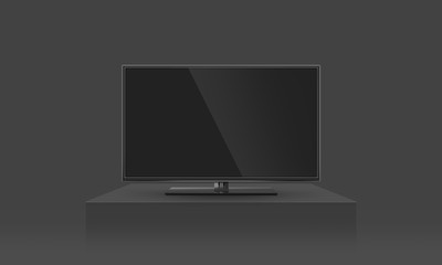 TV flat screen lcd, plasma realistic illustration, tv mock up. Black HD led monitor mockup. Modern flatscreen panel stand with black background. Good show your business presentation on flat display.