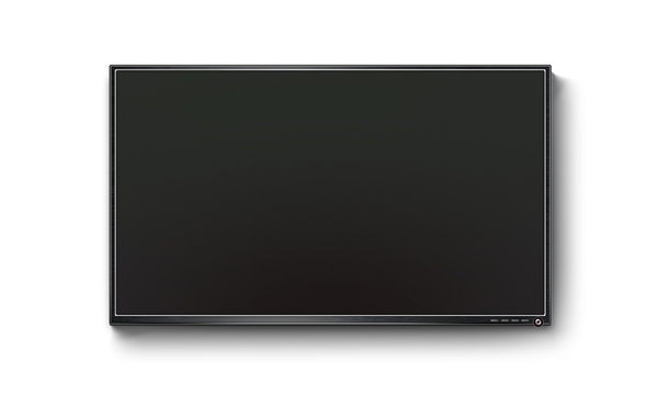 Black TV flat screen, plasma realistic illustration, tv mock up on the wall. Black HD led monitor mockup. Flatscreen panel stand isolated on white background. Show presentation on flat display set.