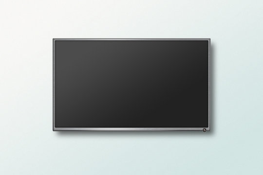 TV flat screen lcd on the wall, plasma realistic illustration. Black HD monitor mock up. Modern multimedia panel with black screen. Good way to show your business presentation on flat display.