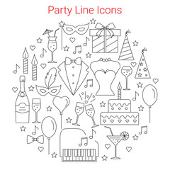 Party and Celebration Icons set Circular Shaped. Line Vector illustration.
