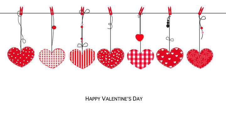 Happy Valentines Day card with hanging Love Valentines hearts vector background