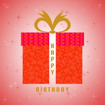 Birthday gift of a red square with a gold ribbon and a golden inscription happy birthday on a red background with red and white stars