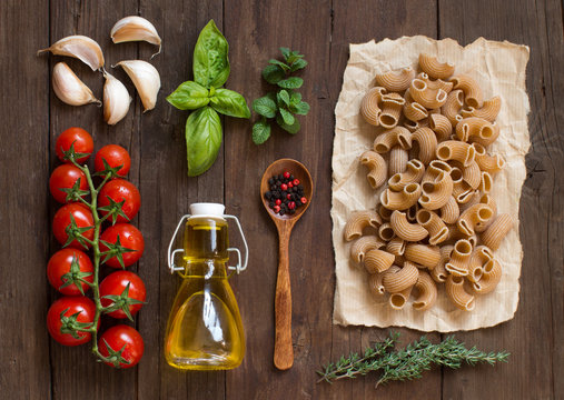 Whole wheat pasta, vegetables,  herbs and olive oil