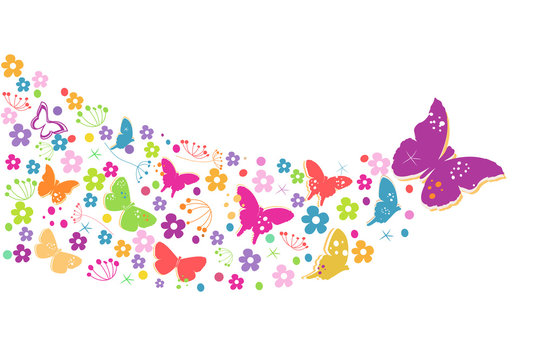 Colorful spring flowers with butterflies background vector.