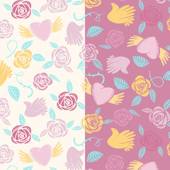 Vectorial valentine seamless pattern of flowers with birds and hearts on a transparent background